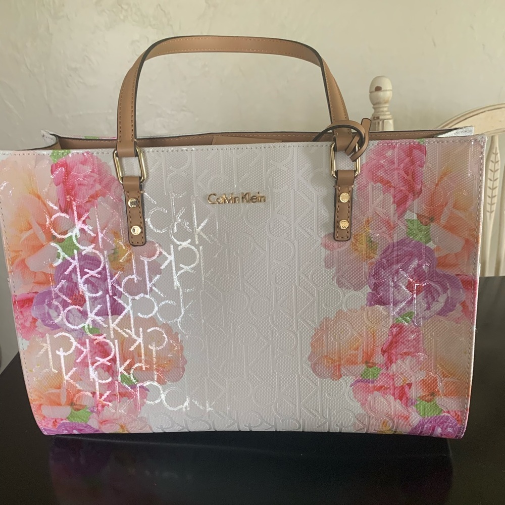 NWOT: Calvin Klein White Floral Leather Handbag